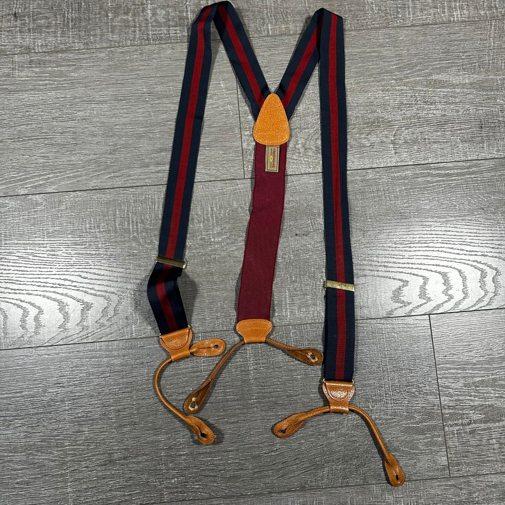 Trafalgar Mens Navy Red Striped Grosgrain Y-Back Suspenders Leather Button Ends